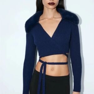 Zara Navy Blue Knit Wrap Cardigan Fur Collar